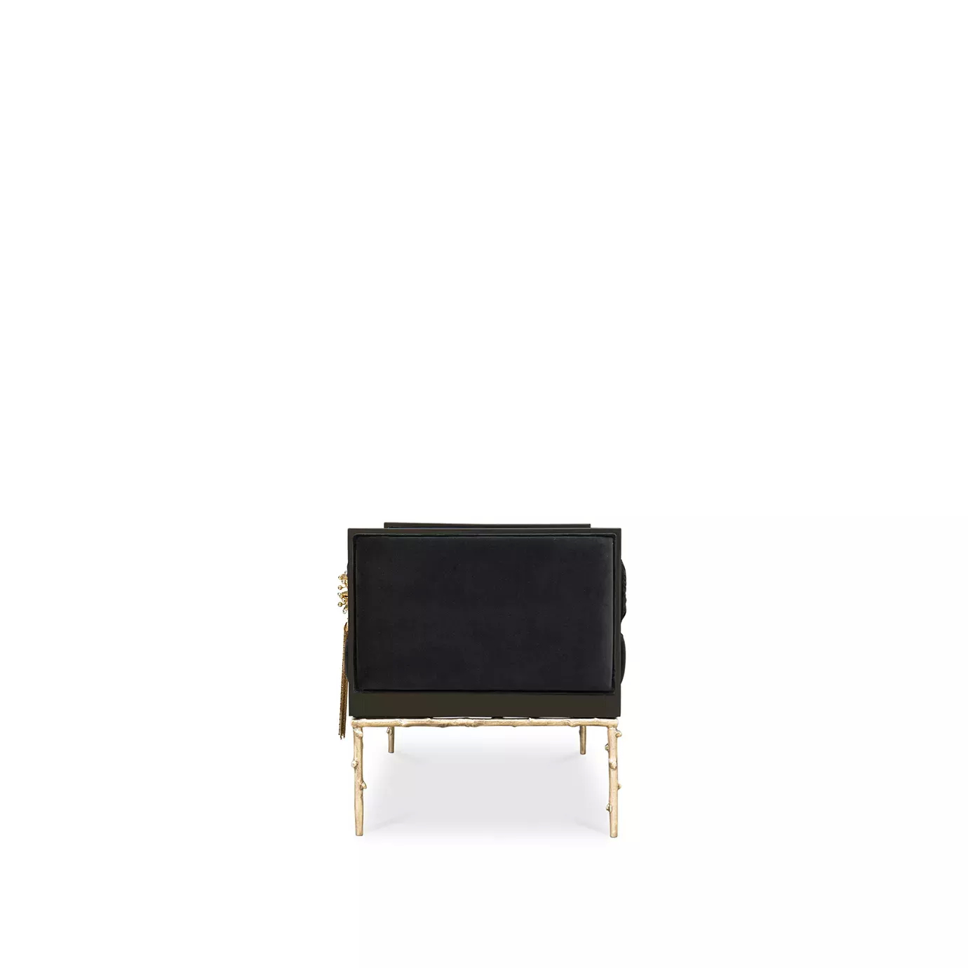 Elegant side view of Privê Daybed with black velvet upholstery, sculptural golden details, and cylindrical pillows at the ends.