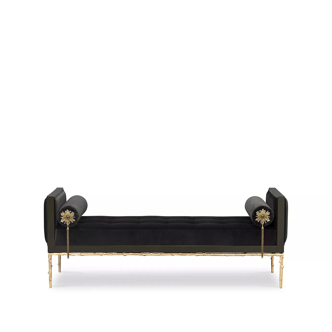 Elegant Privê Daybed with black velvet upholstery, sculptural golden details, and cylindrical pillows at the ends.