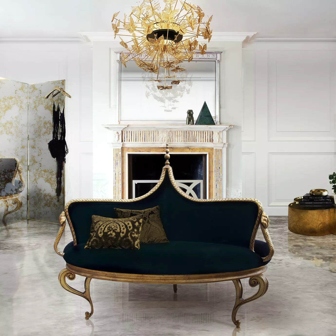 Elegant living room with the Mistress Confidante in dark blue velvet and ornate golden details under an Nymph Chandelier.