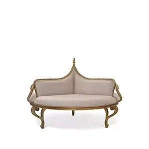 Elegant Mistress Confidante with curved design, ornate golden frame, and light fabric upholstery.
