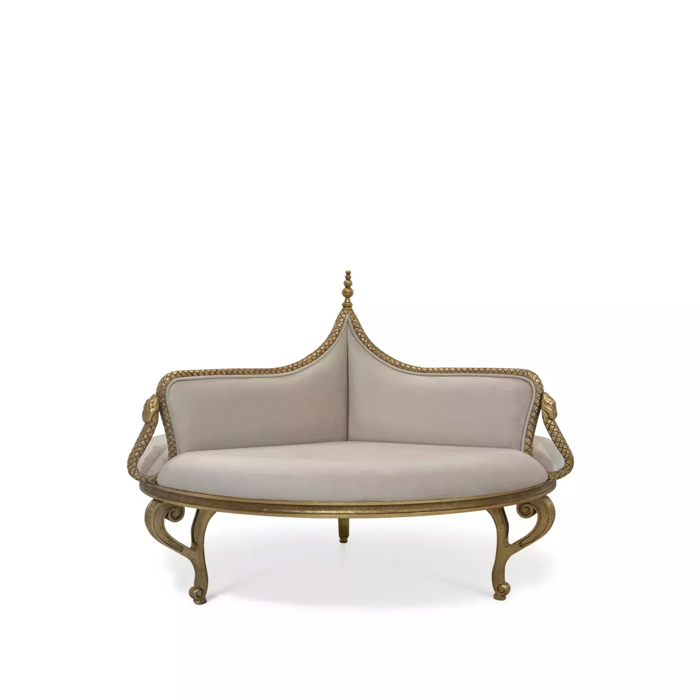 Elegant Mistress Confidante with curved design, ornate golden frame, and light fabric upholstery.