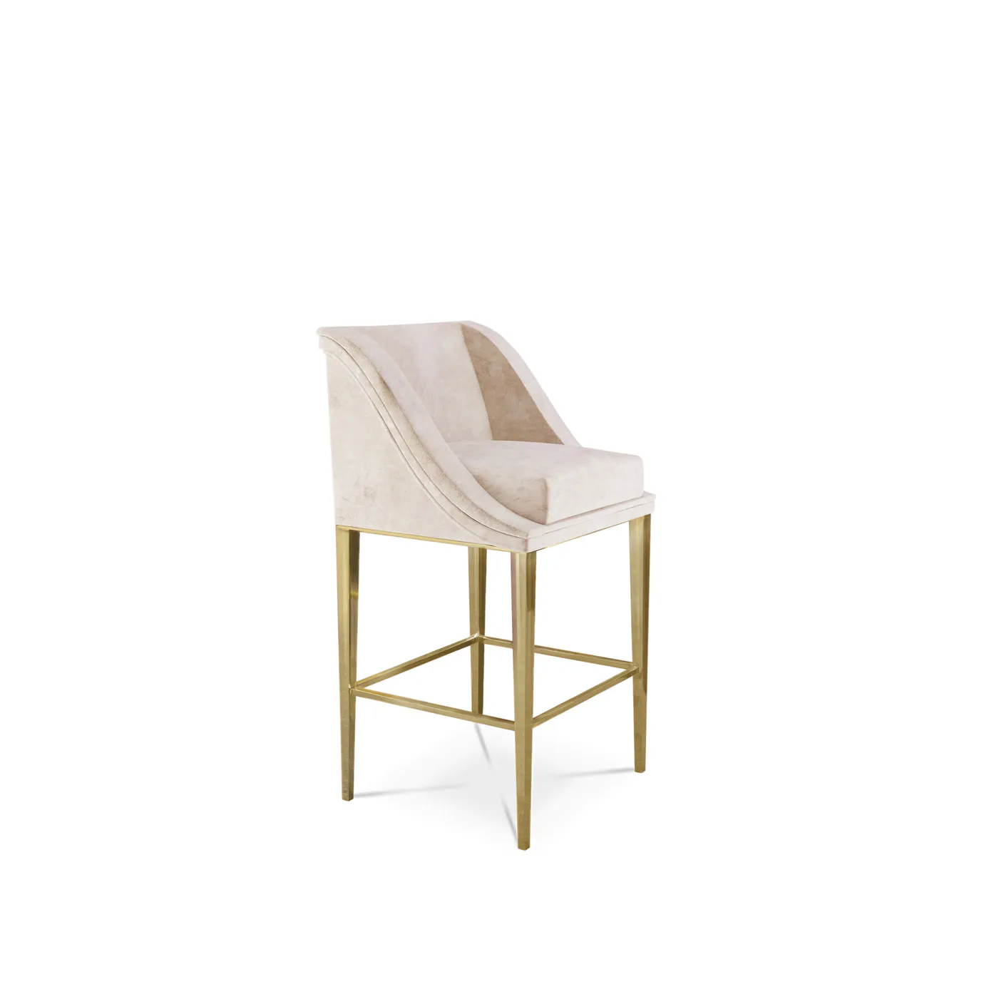 Elegant Geisha Bar Stool with light pink velvet upholstery and slender golden frame.