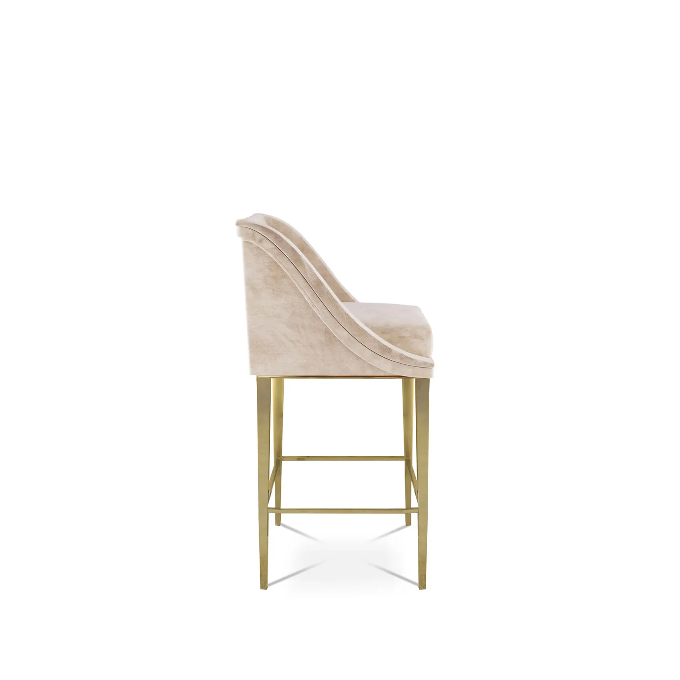 Elegant side view of Geisha Bar Stool with light pink velvet upholstery and slender golden frame.