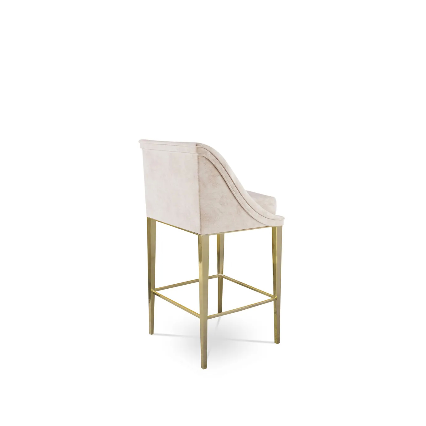 Elegant back view of Geisha Bar Stool with light pink velvet upholstery and slender golden frame.