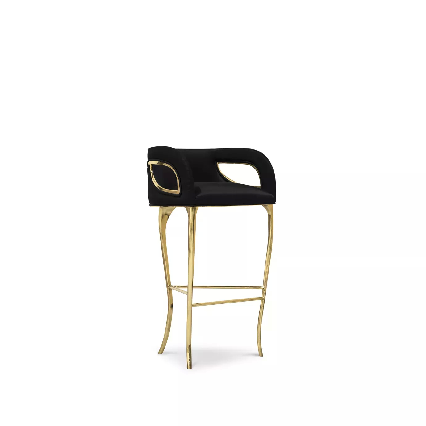 Display of Chandra Bar Stool, demonstrating its distinctive feature of only having 3 legs, in golden hues, contrasting with the elegant black upholstery.