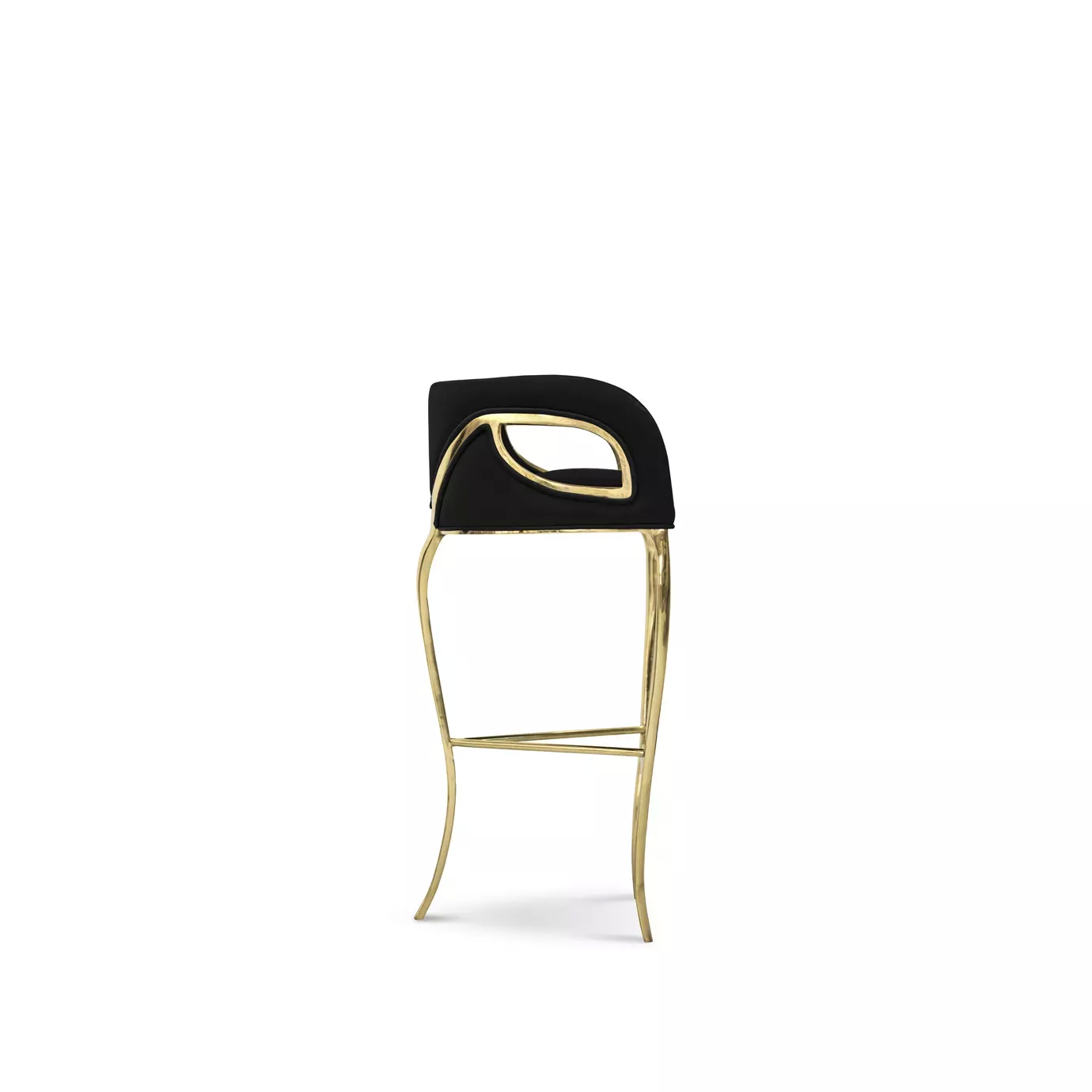 Side view of the Chandra Bar Stool, showcasing its three golden legs as well as the gold-accented handles, in contrast with the black upholstery.