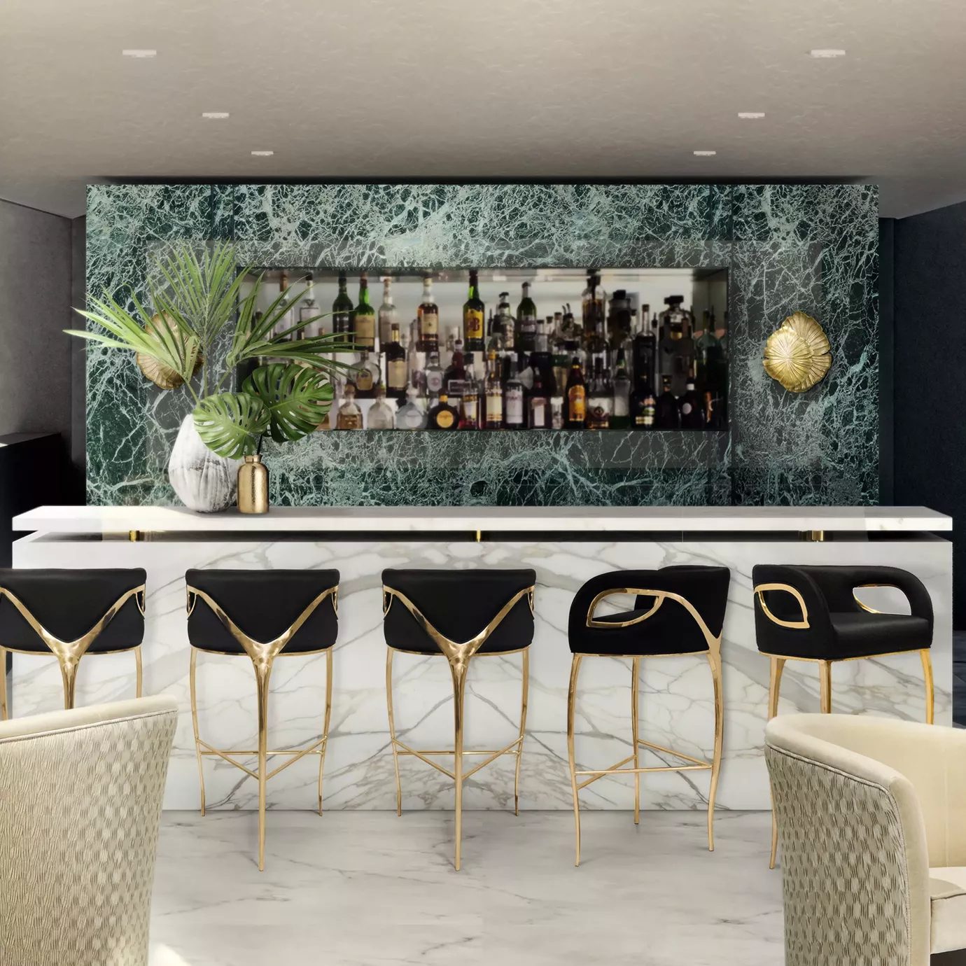 A bartop counter set with four black bar stools with golden details. The Nahéma Bar Stools have the particularitu of only having 3 legs. In the background, there is a blue wallcover and bottles of beverage.