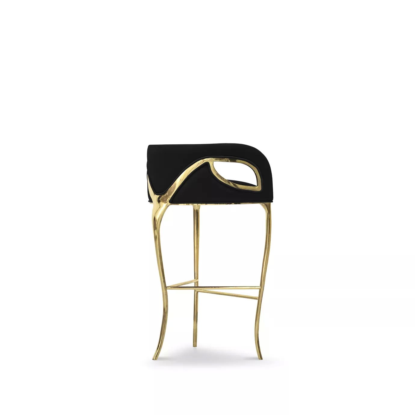Side perspective of the glamourous Chandra Bar Stool, distinguished for its three legs, featuring a golden structure and black upholstery.