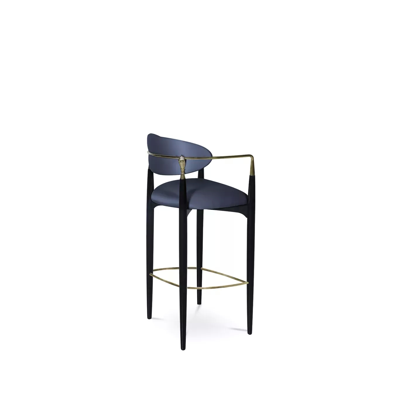 Side view of the Nahéma Bar Stool, highlighting its elegant black structure and golden details, merging in a luxurious combination with its dark blue velvet upholstery.
