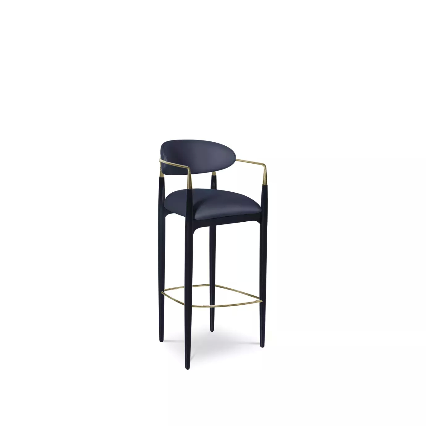 Nahéma Bar Stool: combining with its black structure, the bar stool has velvet upholstery in dark blue tones, with luxurious golden details.
