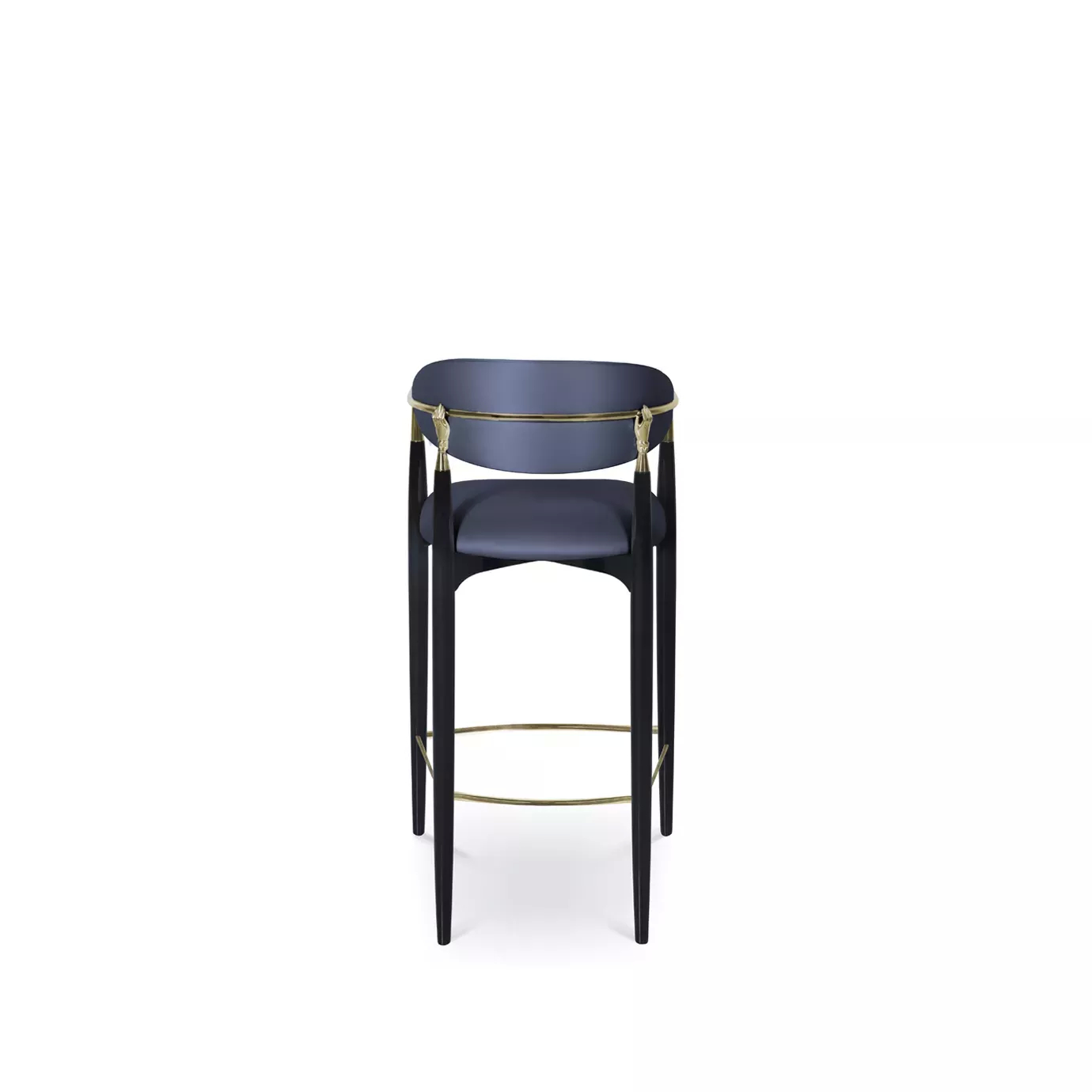 Nahéma Bar Stool seen from behind, showcasing its black frame and golden accents, with a focus on the hand-shaped details on the backrest of the chair, complemented by elegant dark blue velvet upholstery.