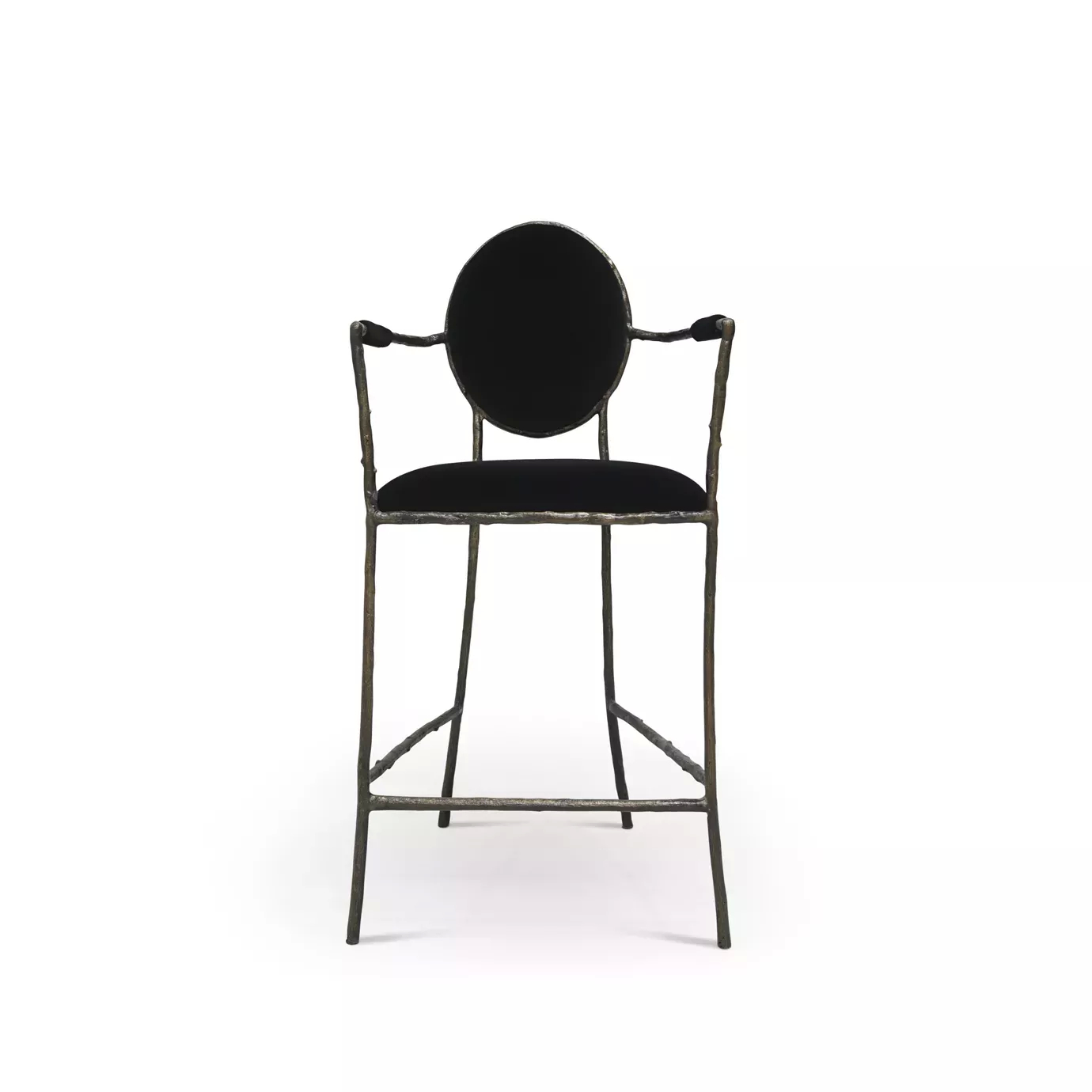 Enchanted Bar Stool features an aged brass frame resembling branches and luxurious black upholstery.