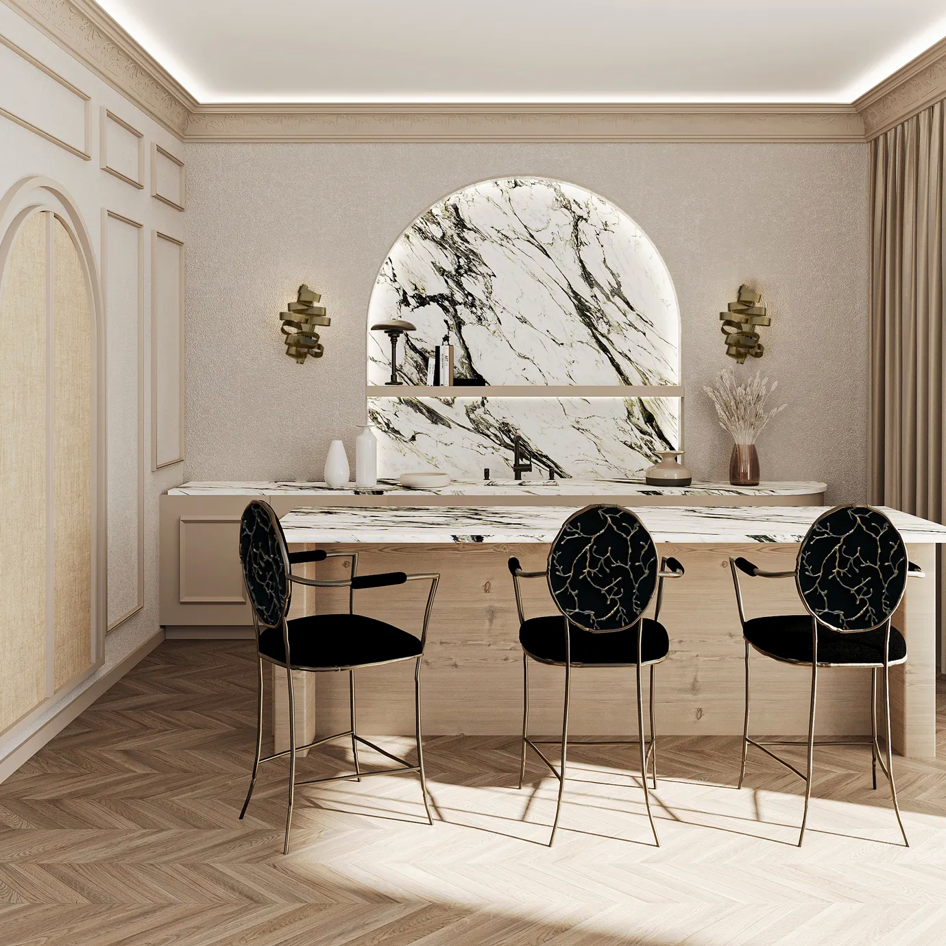 A neutral-colored kitchen, with a marble counter and a marble island in the center, surrounded by three Enchanted Bar Stools. The nature-inspired bar stools feature an intricate aged brass backrest, resembling branches, combining with the black upholstery.