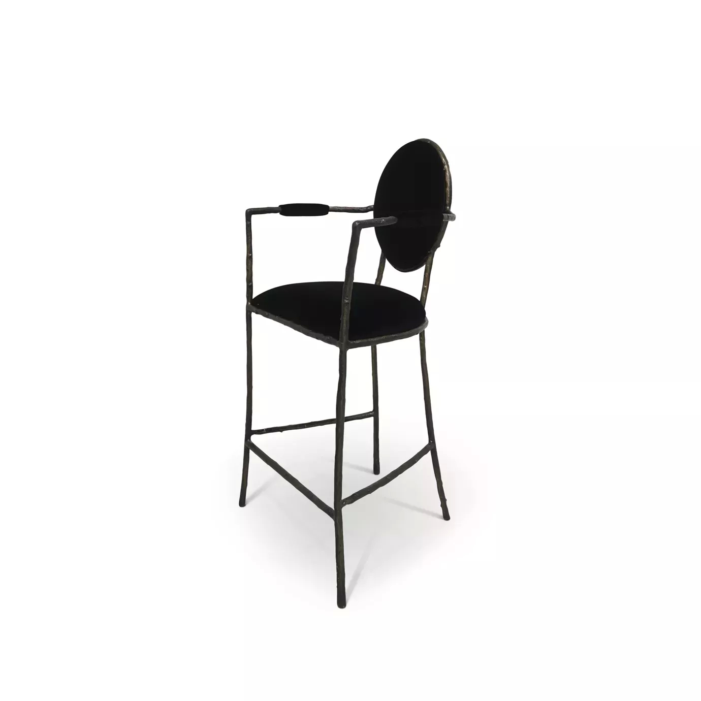 Side view of the Enchanted Bar Stool, showcasing its aged brass frame resembling branches, combining with the luxurious black upholstery.