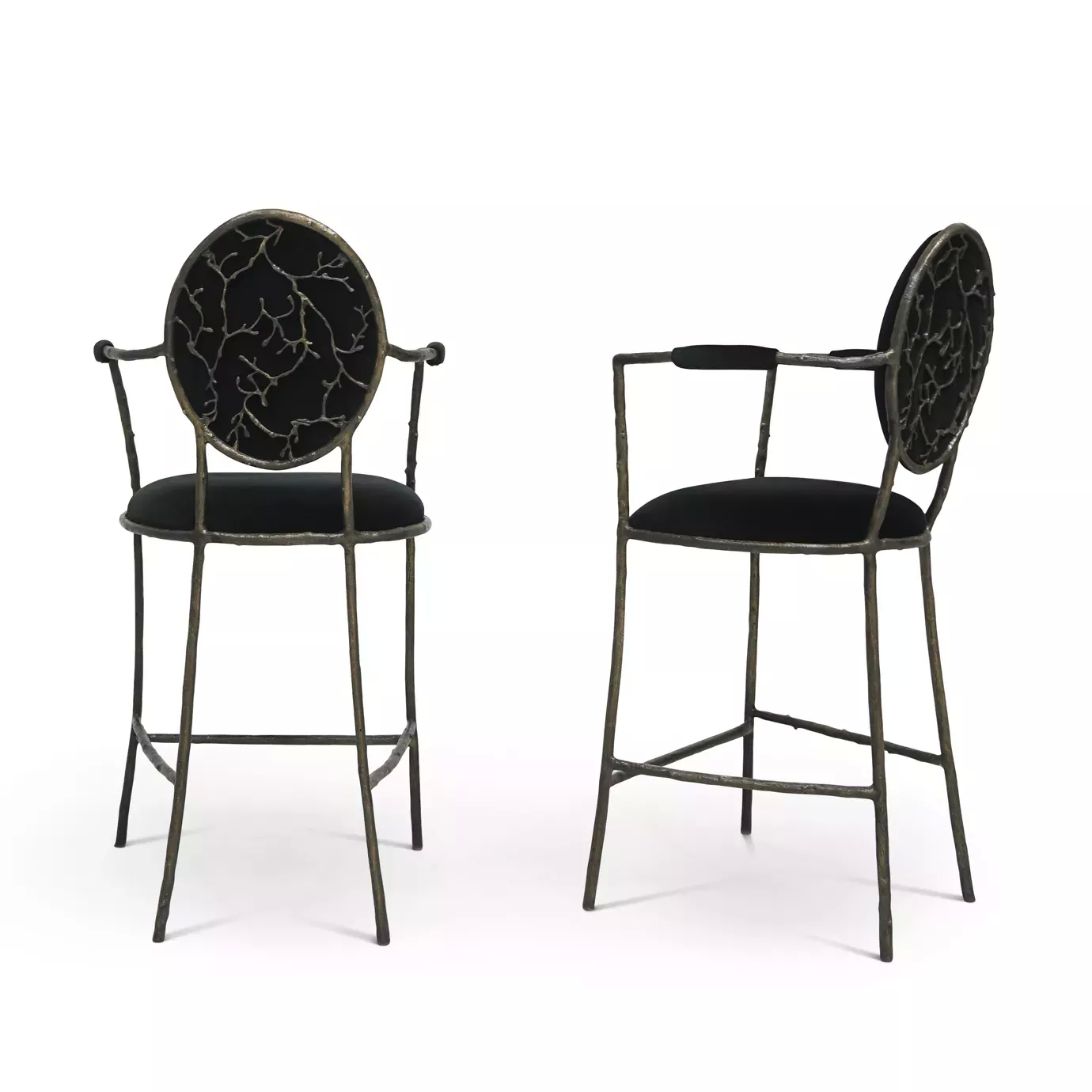 Two Enchanted Bar Stool, showcasing its elegant backrest that resembles branches, combining with the elegant black upholstery.