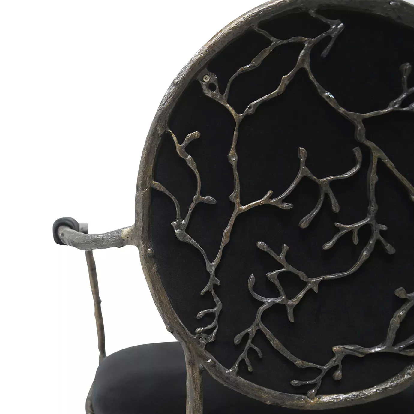 Enchanted Bar Stool: Detailed view of the intricate aged brass structure that resembles branches, combining with the black upholstery.