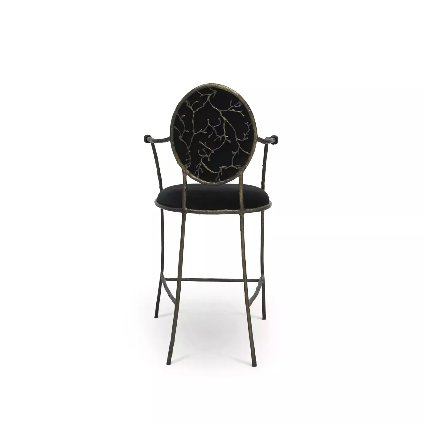 Showcasing its intricate aged brass frame that resembles branches, the Enchanted Bar Stool features a glamourous black upholstery.