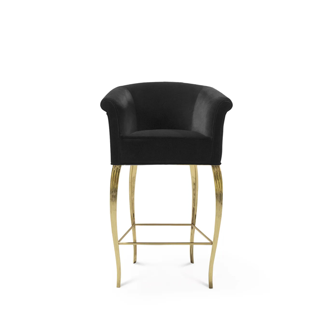 Elegant Mimi Bar Stool with black velvet upholstery and curvilinear golden frame