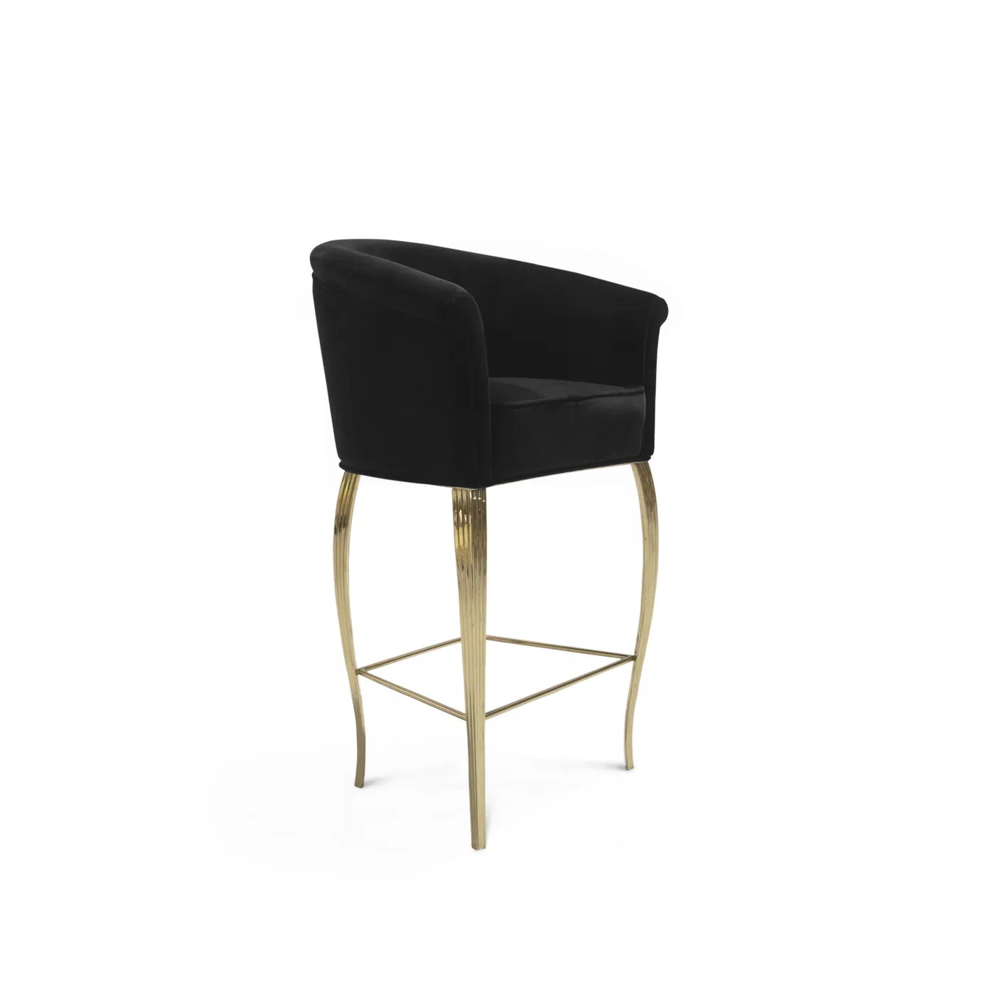 Elegant Mimi Bar Stool with black velvet upholstery and curvilinear golden frame