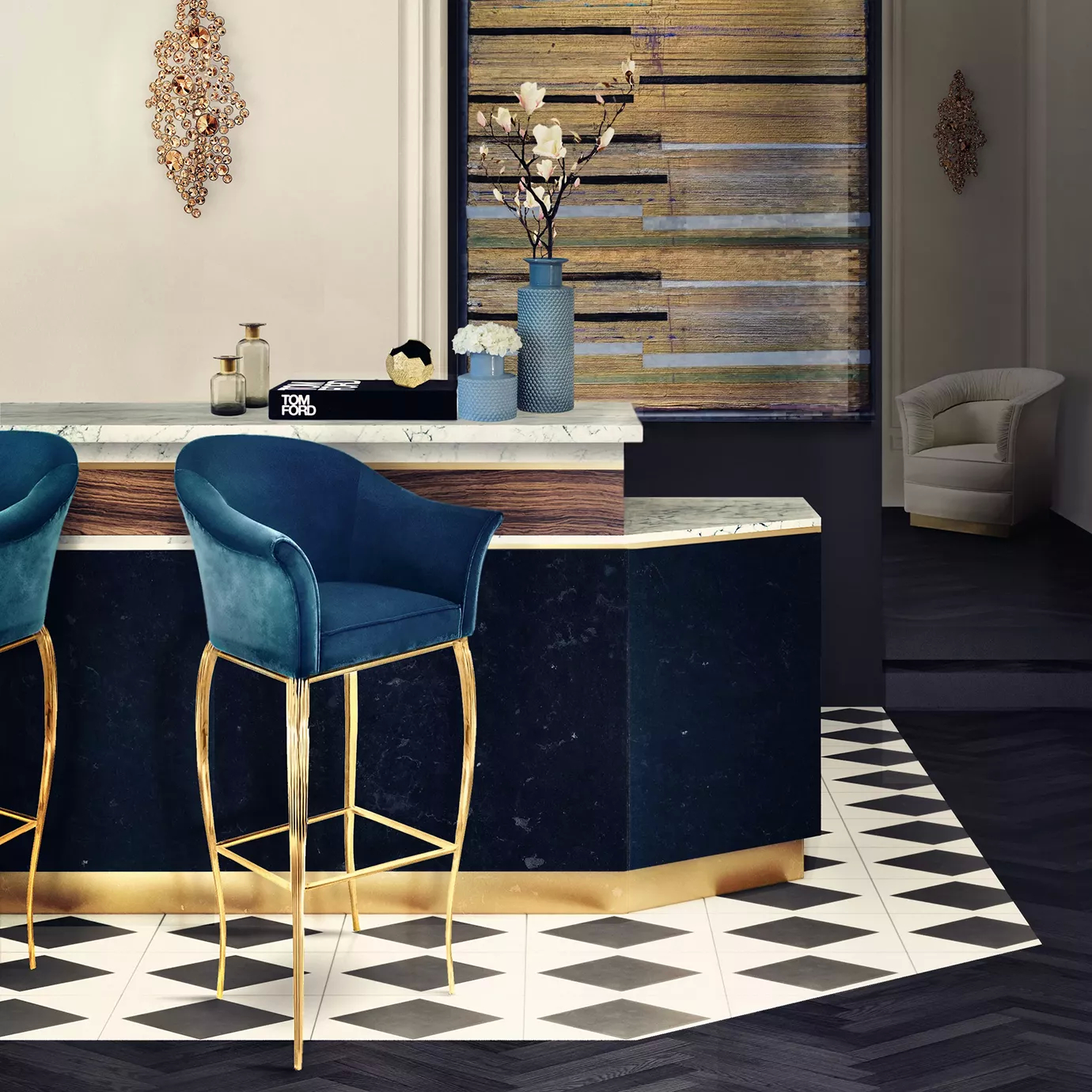 Elegant bar with Mimi Bar Stools in turquoise blue velvet and golden frame, marble countertop, and sophisticated details.