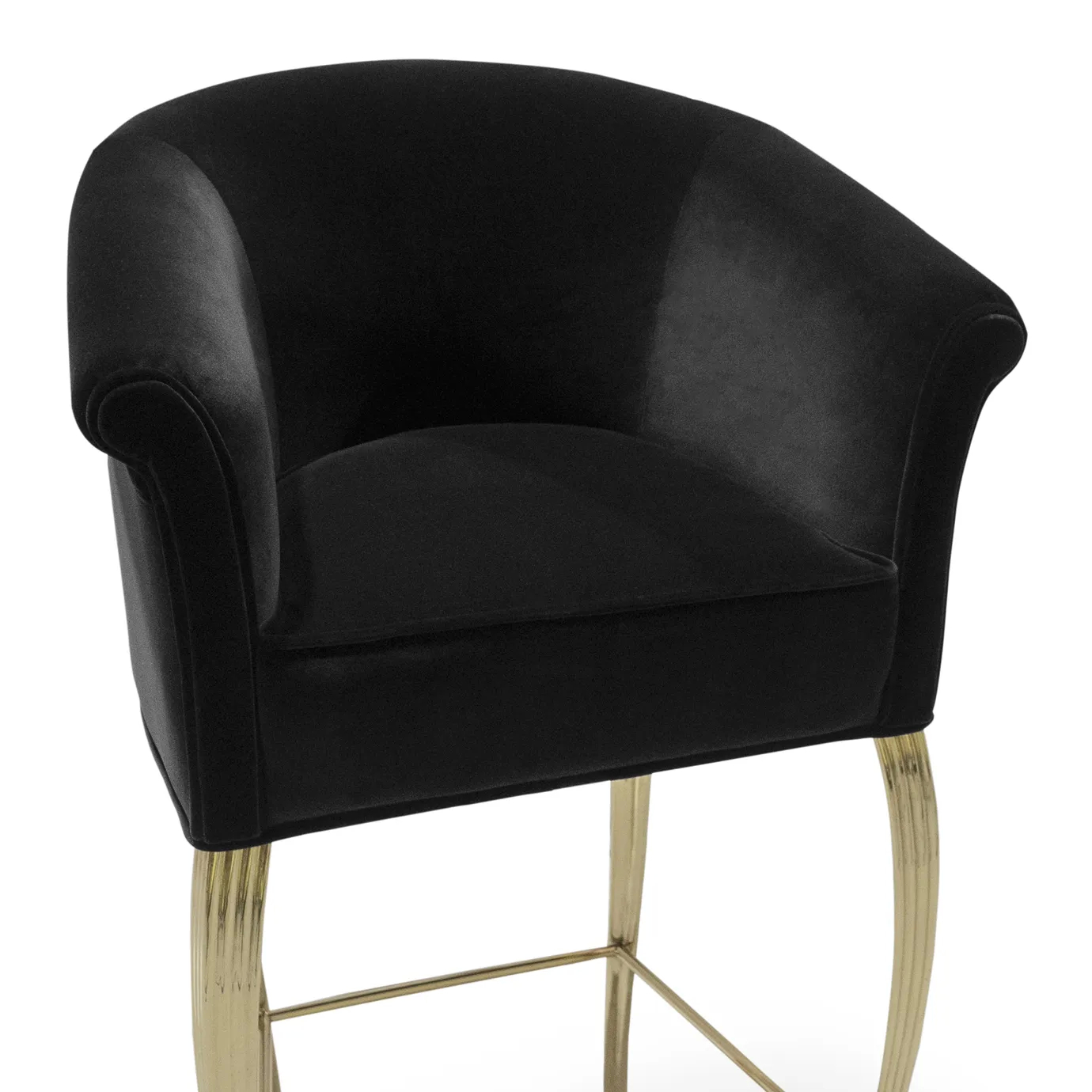 Close-up of Mimi Bar Stool with black velvet upholstery and curvilinear golden frame