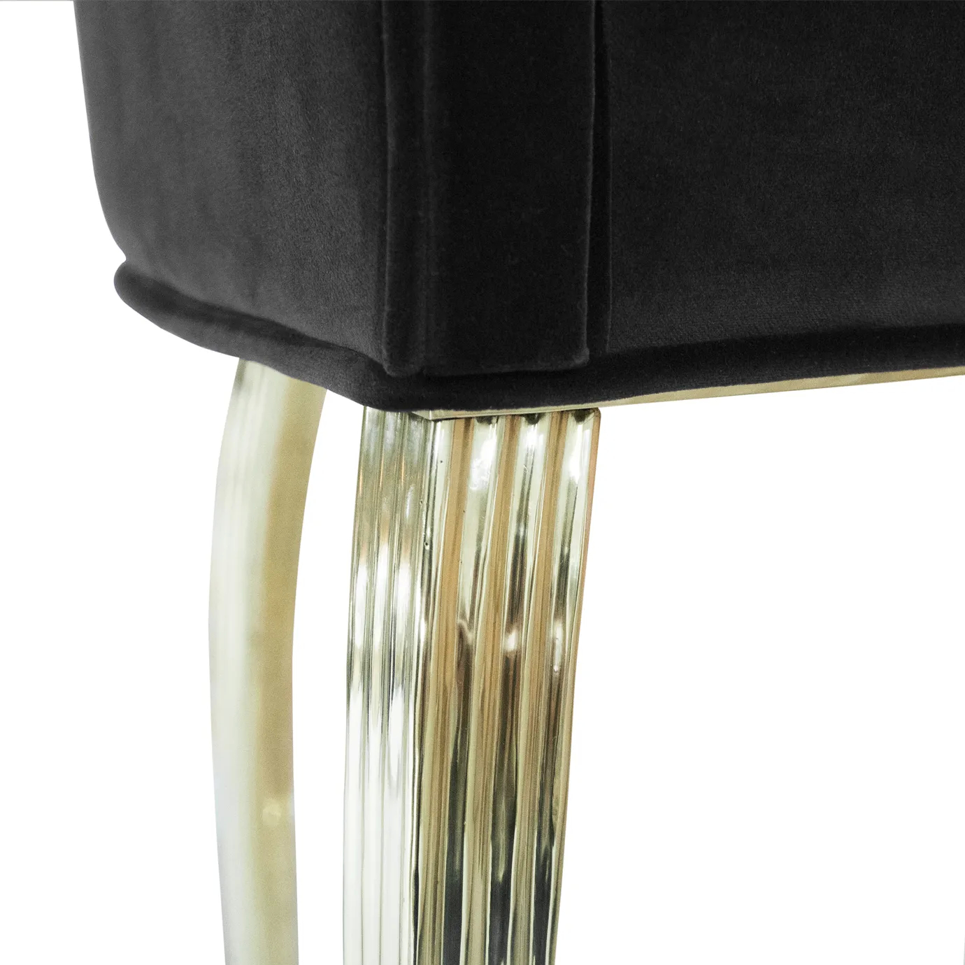 Close-up of Mimi Bar Stool with black velvet upholstery and curvilinear golden frame