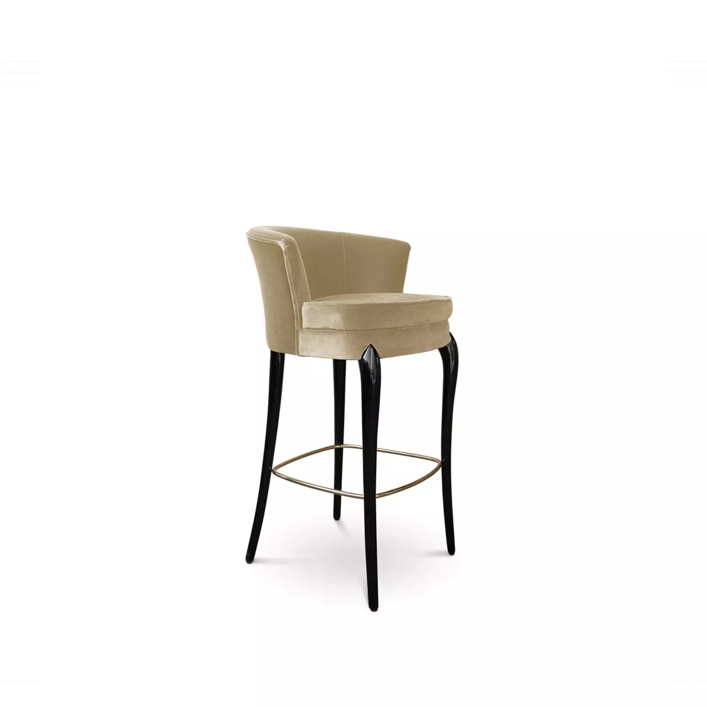 Elegant Délice Bar Stool with beige velvet upholstery and glossy black legs with golden detail.