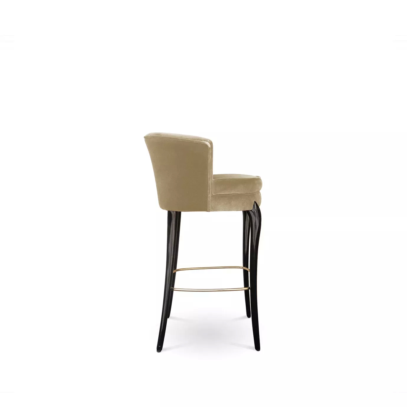 Elegant side view of Délice Bar Stool with beige velvet upholstery and glossy black legs with golden detail.