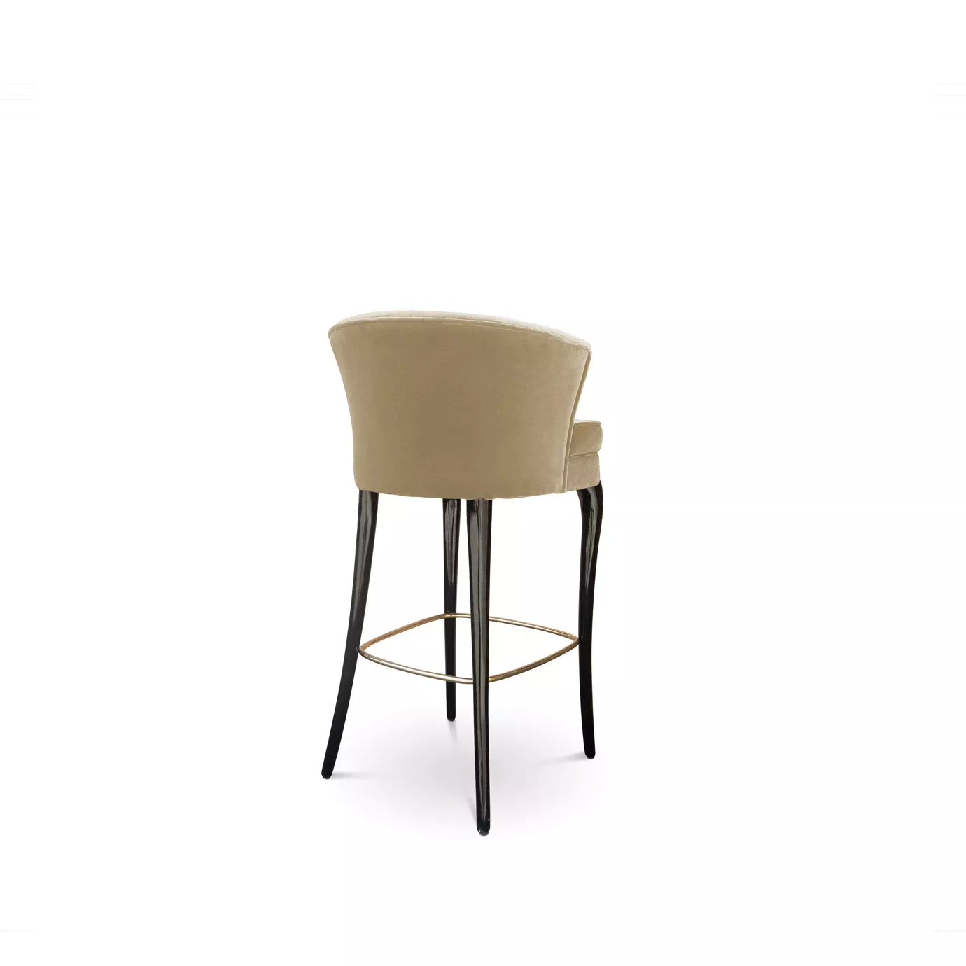 Elegant back view of Délice Bar Stool with beige velvet upholstery and glossy black legs with golden detail.