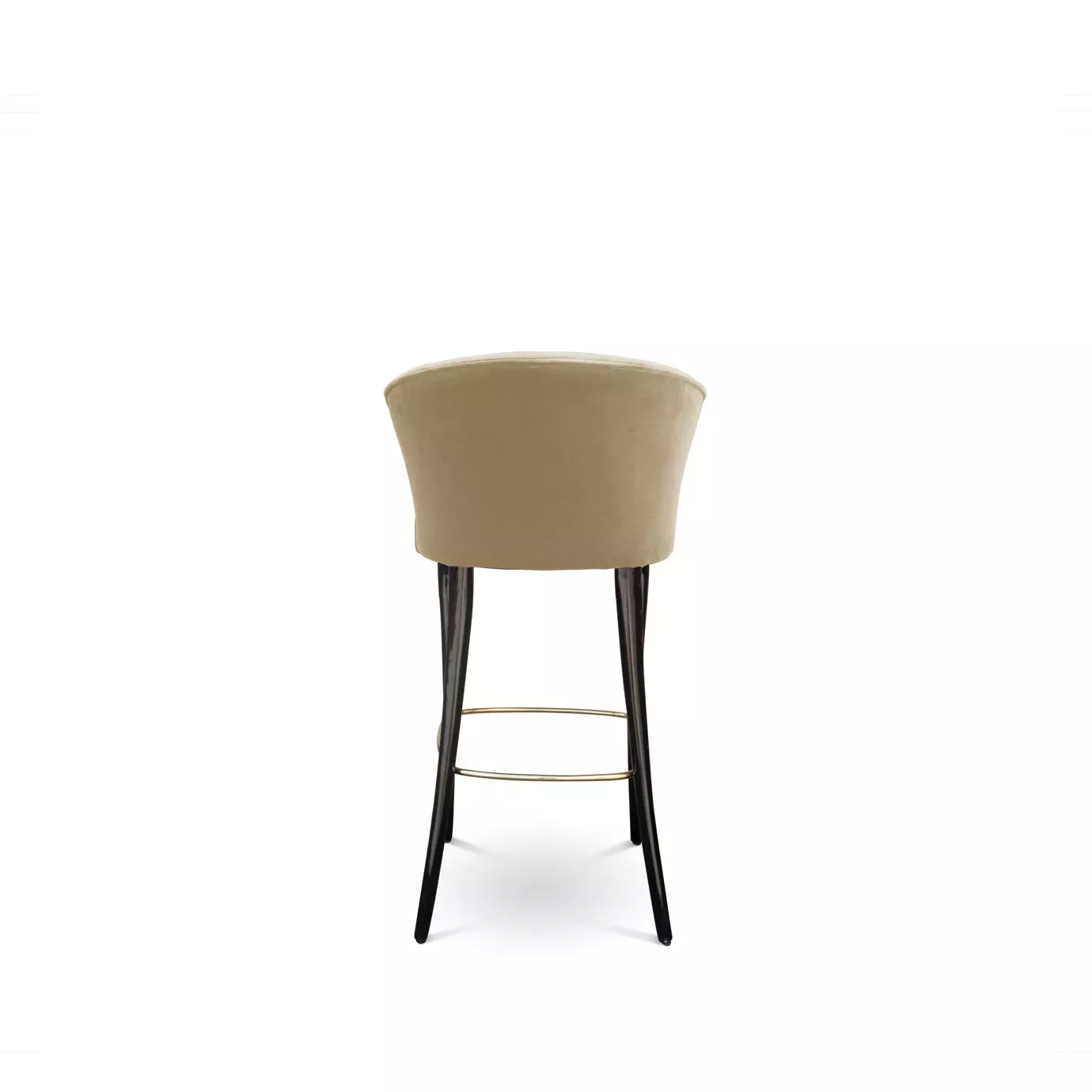 Elegant back view of Délice Bar Stool with beige velvet upholstery and glossy black legs with golden detail.