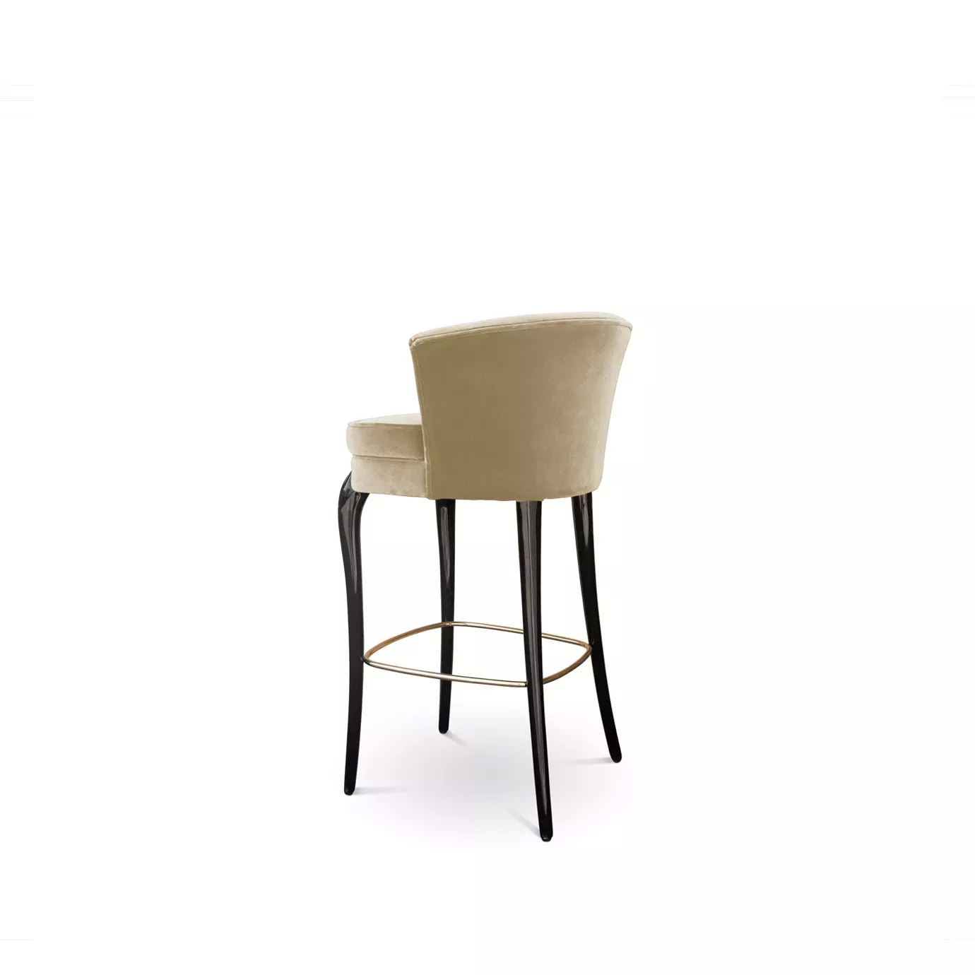Elegant back view of Délice Bar Stool with beige velvet upholstery and glossy black legs with golden detail.