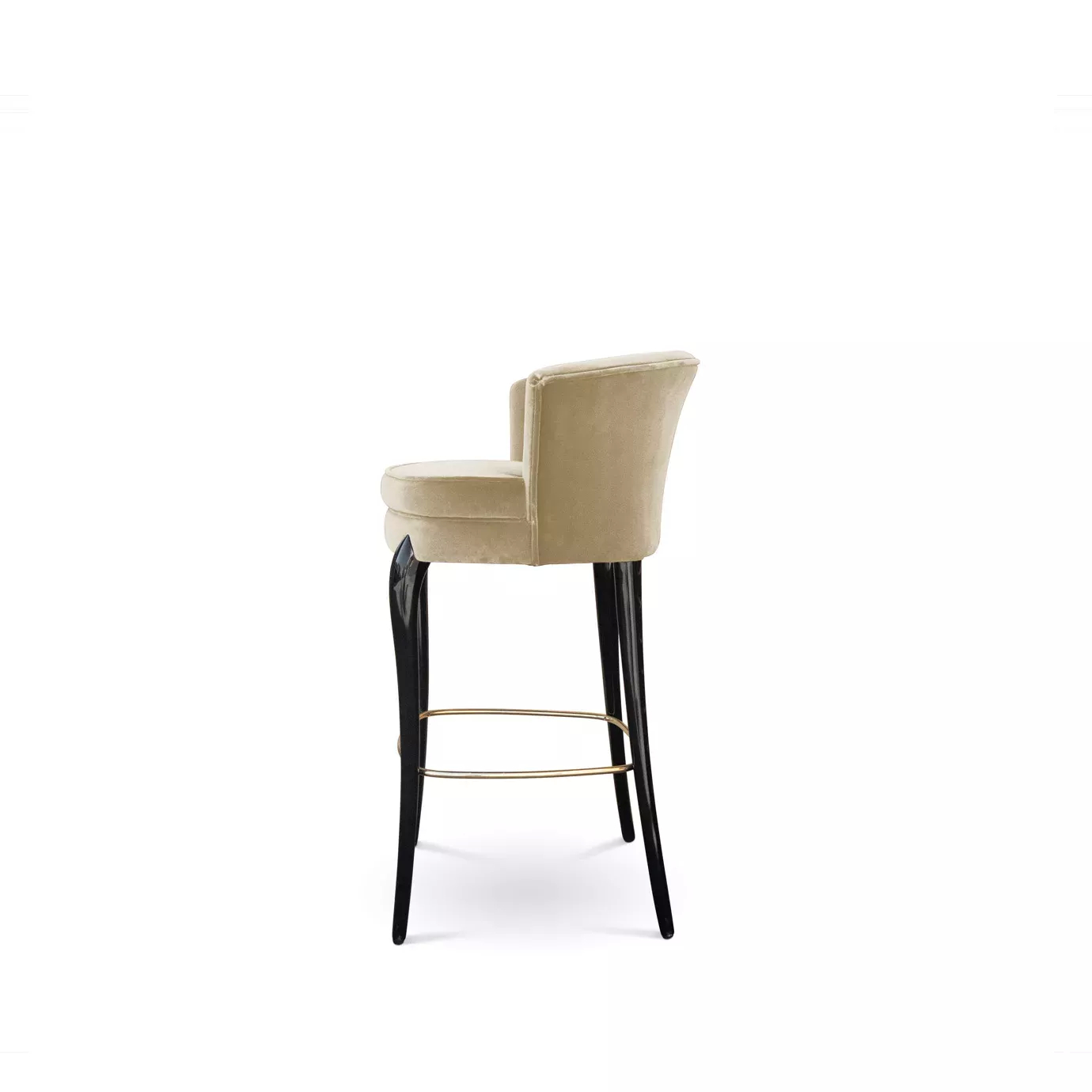 Elegant side view of Délice Bar Stool with beige velvet upholstery and glossy black legs with golden detail.