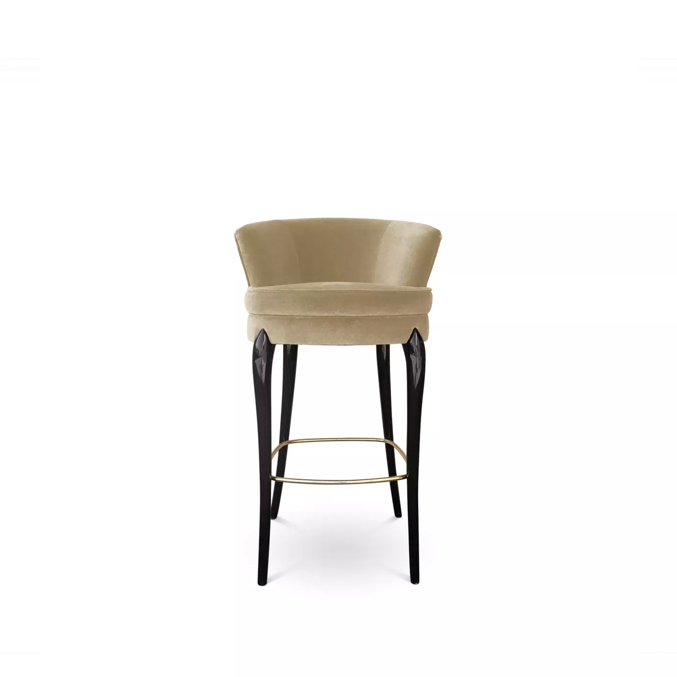 Elegant Délice Bar Stool with beige velvet upholstery and glossy black legs with golden detail.