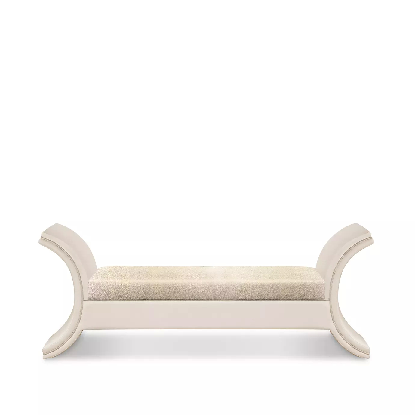 Elegant Luna Bench with curved design and light textured fabric upholstery.