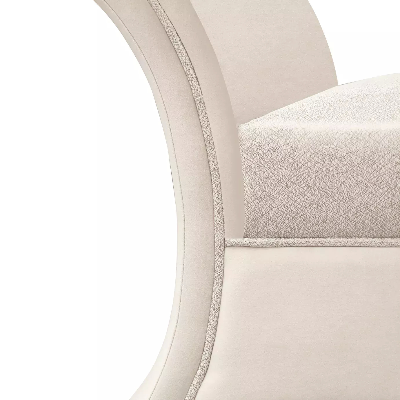 Elegant close-up of the curved design detail and light textured fabric upholstery of the Luna Bench.