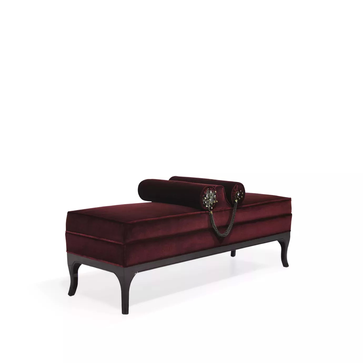 Elegant Lé Lé Bench with burgundy velvet upholstery, dark frame, and decorative cylindrical pillows with golden details and chains.
