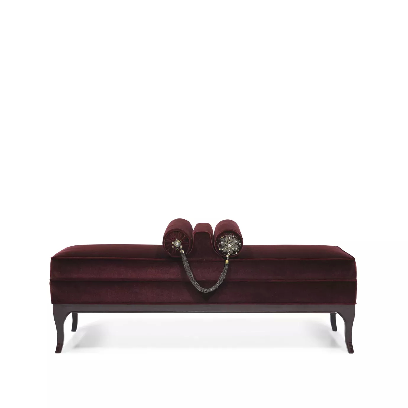 Elegant Lé Lé Bench with burgundy velvet upholstery, dark frame, and decorative cylindrical pillows with golden details and chains.