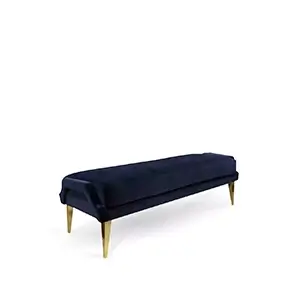 Elegant Ignite Bench with dark blue velvet upholstery with button-tufted details and golden feet.