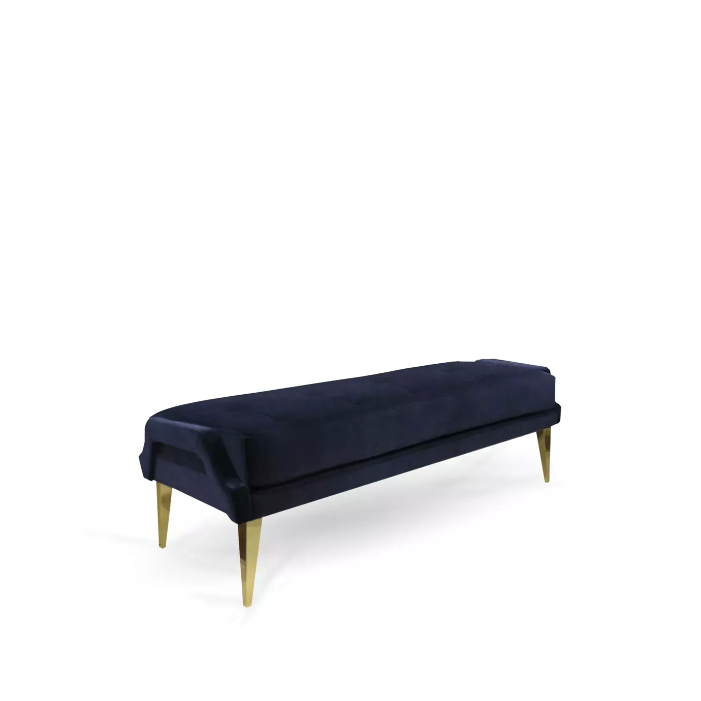 Elegant Ignite Bench with dark blue velvet upholstery with button-tufted details and golden feet.