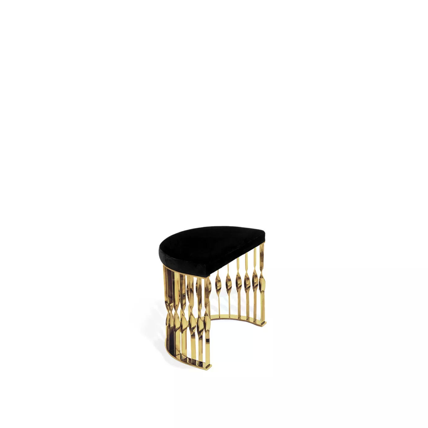 Elegant Mandy Stool with semicircular black velvet seat and sculptural golden base.