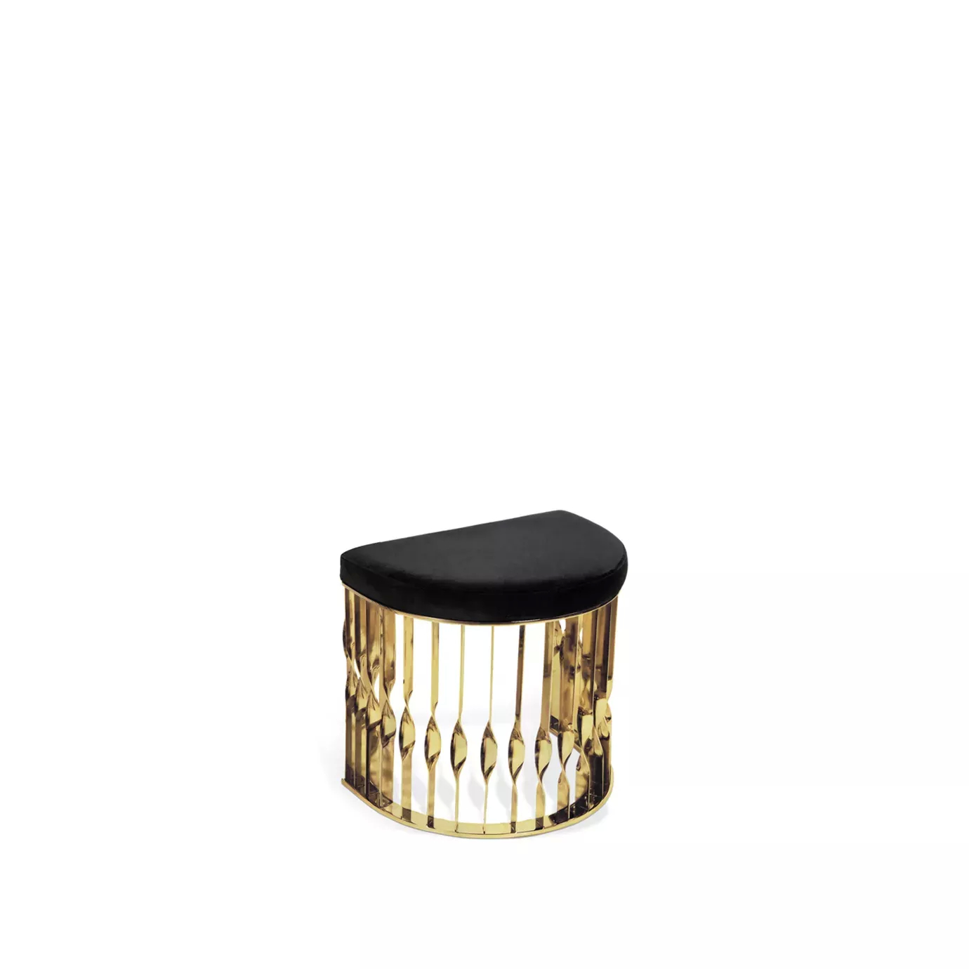 Elegant Mandy Stool with semicircular black velvet seat and sculptural golden base.