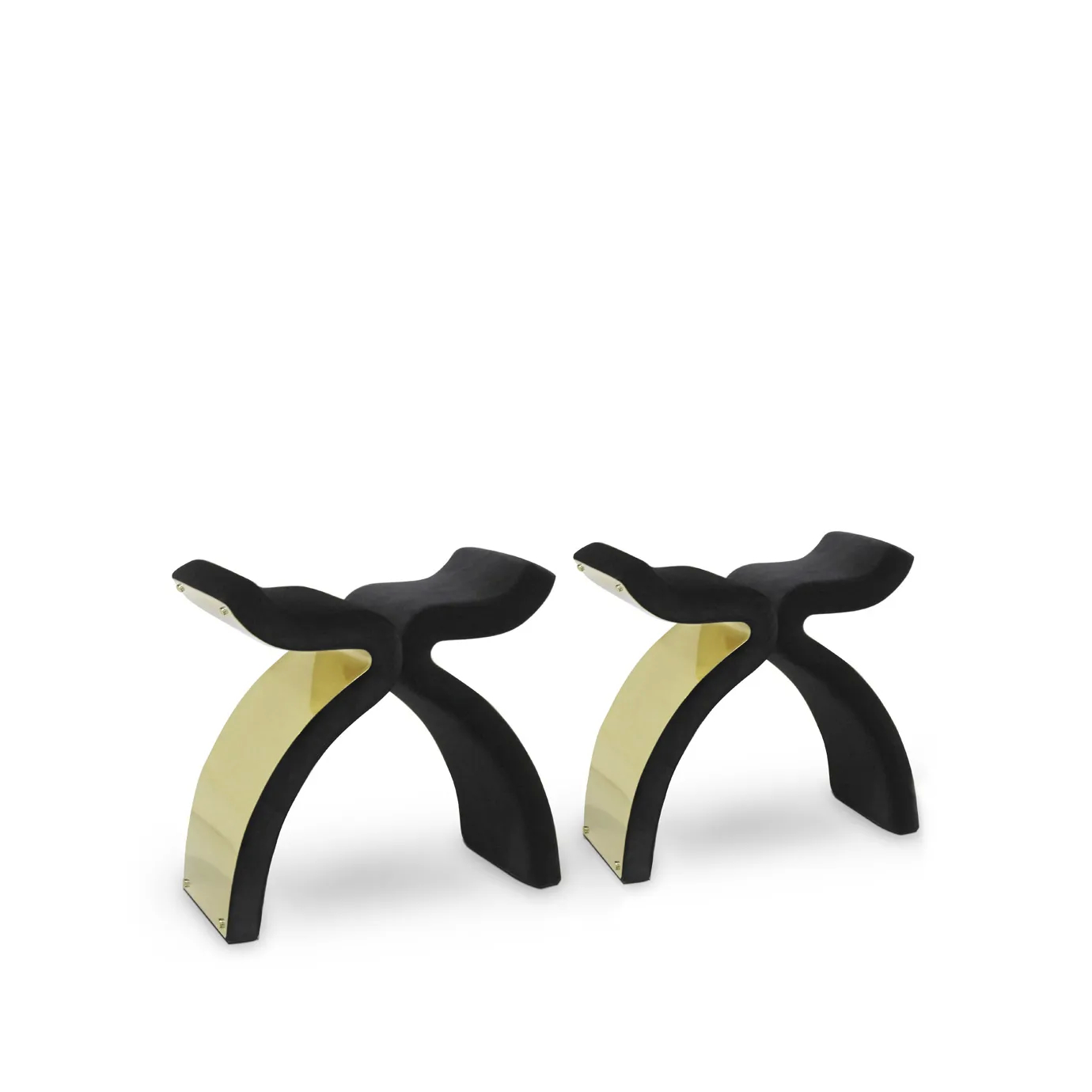 Elegant two Bolvardi Bench with sculptural design, black velvet upholstery, and golden details.