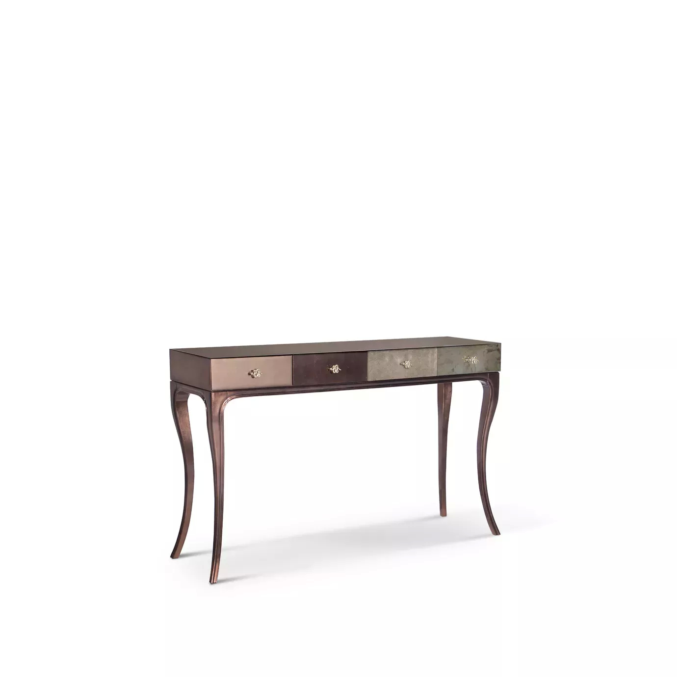 Elegant Untamed Console with varied drawer finishes and curved legs.