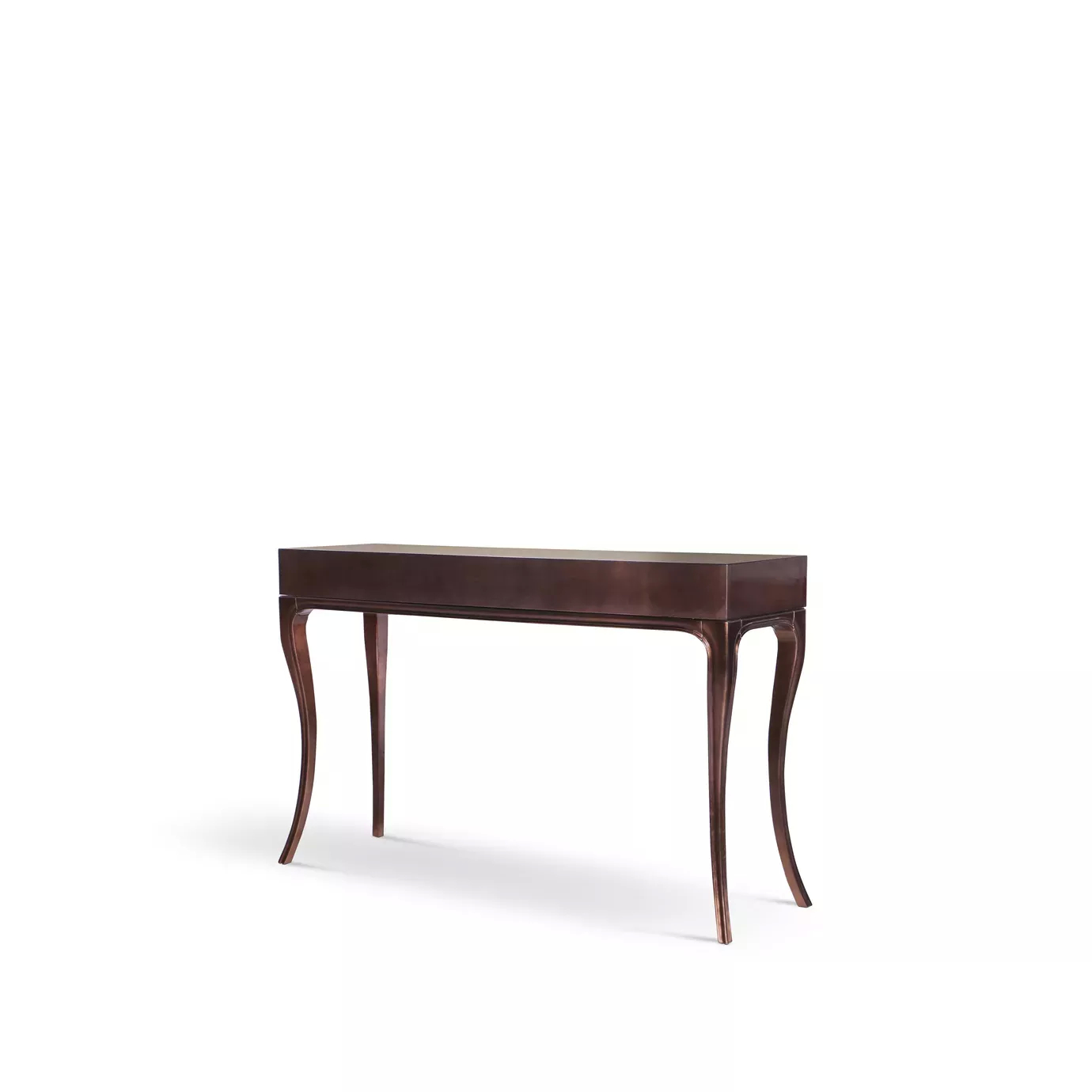Elegant Untamed Console with dark top and curved wooden legs.