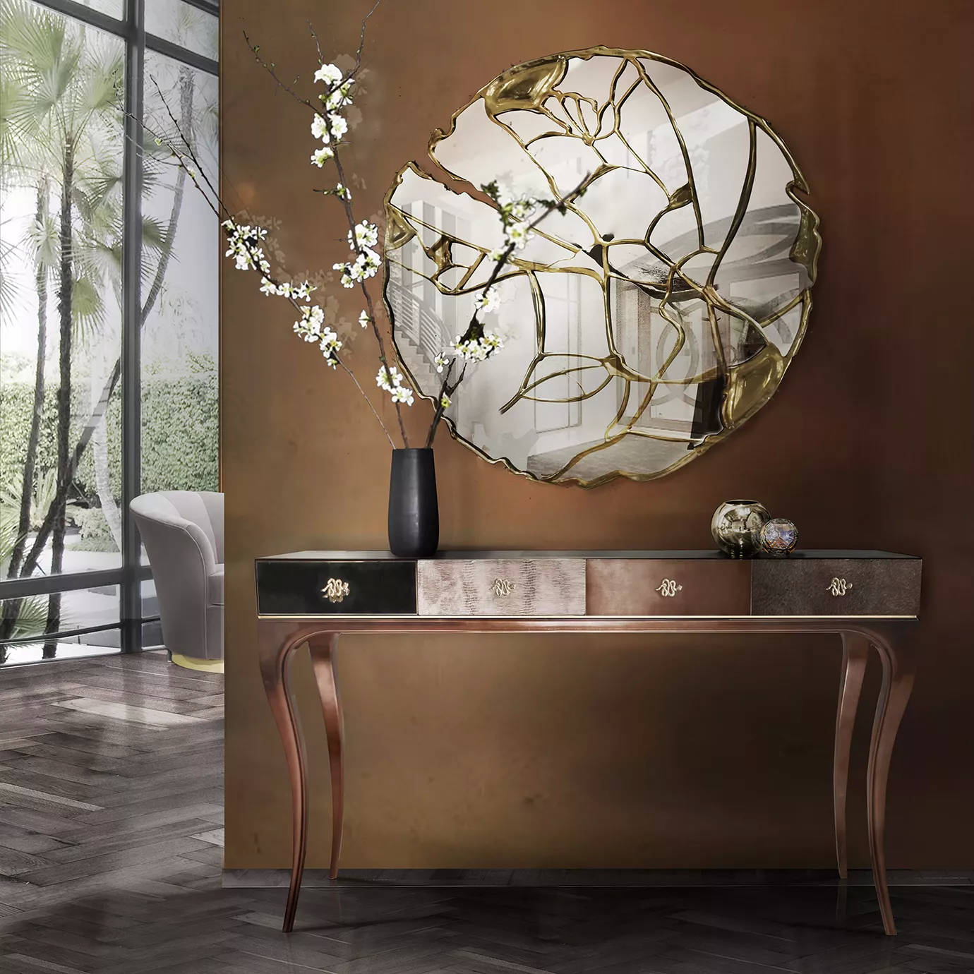 Elegant Untamed Console with textured drawers in a modern entryway.
