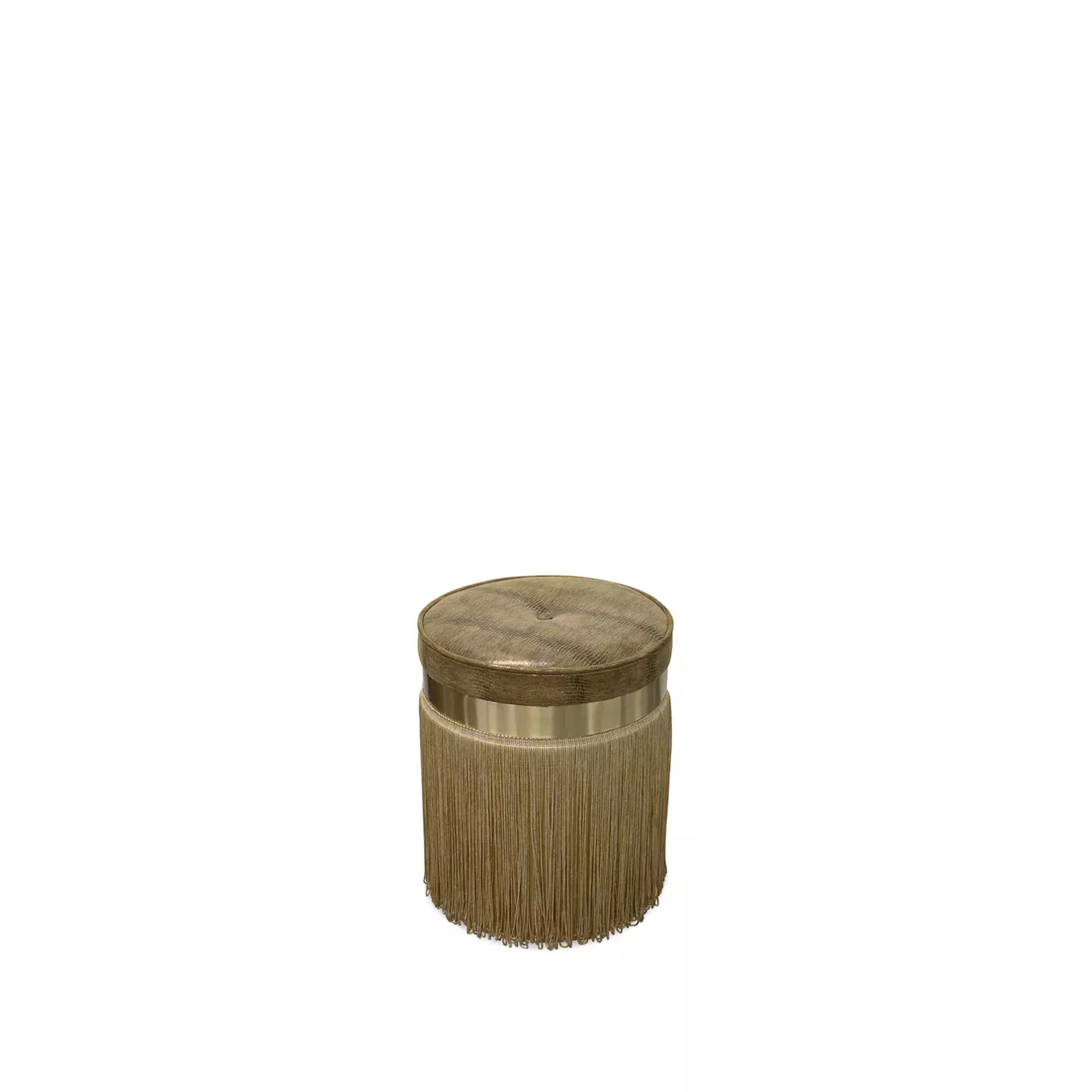 Elegant Isabella Stool with round textured leather seat and cylindrical base with long fringes in beige and golden tones.