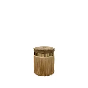 Elegant Isabella Stool with round textured leather seat and cylindrical base with long fringes in beige and golden tones.