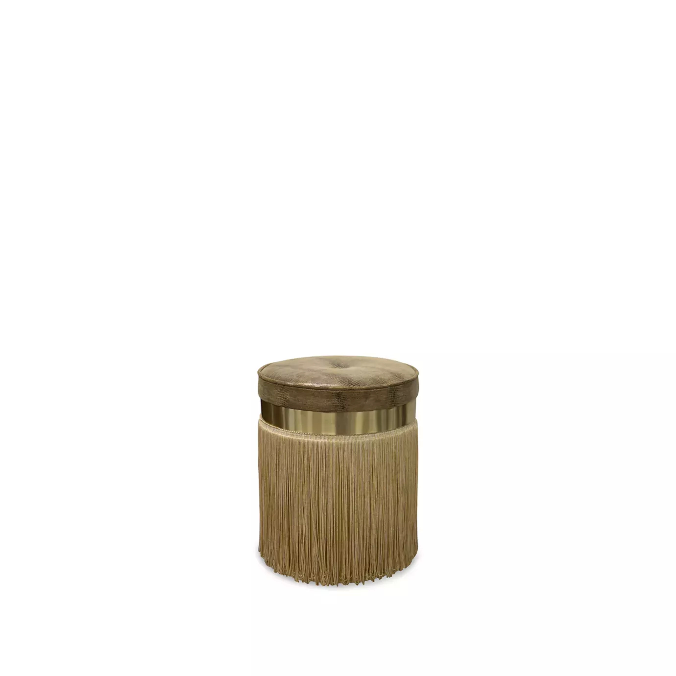 Elegant Isabella Stool with round textured leather seat and cylindrical base with long fringes in beige and golden tones.