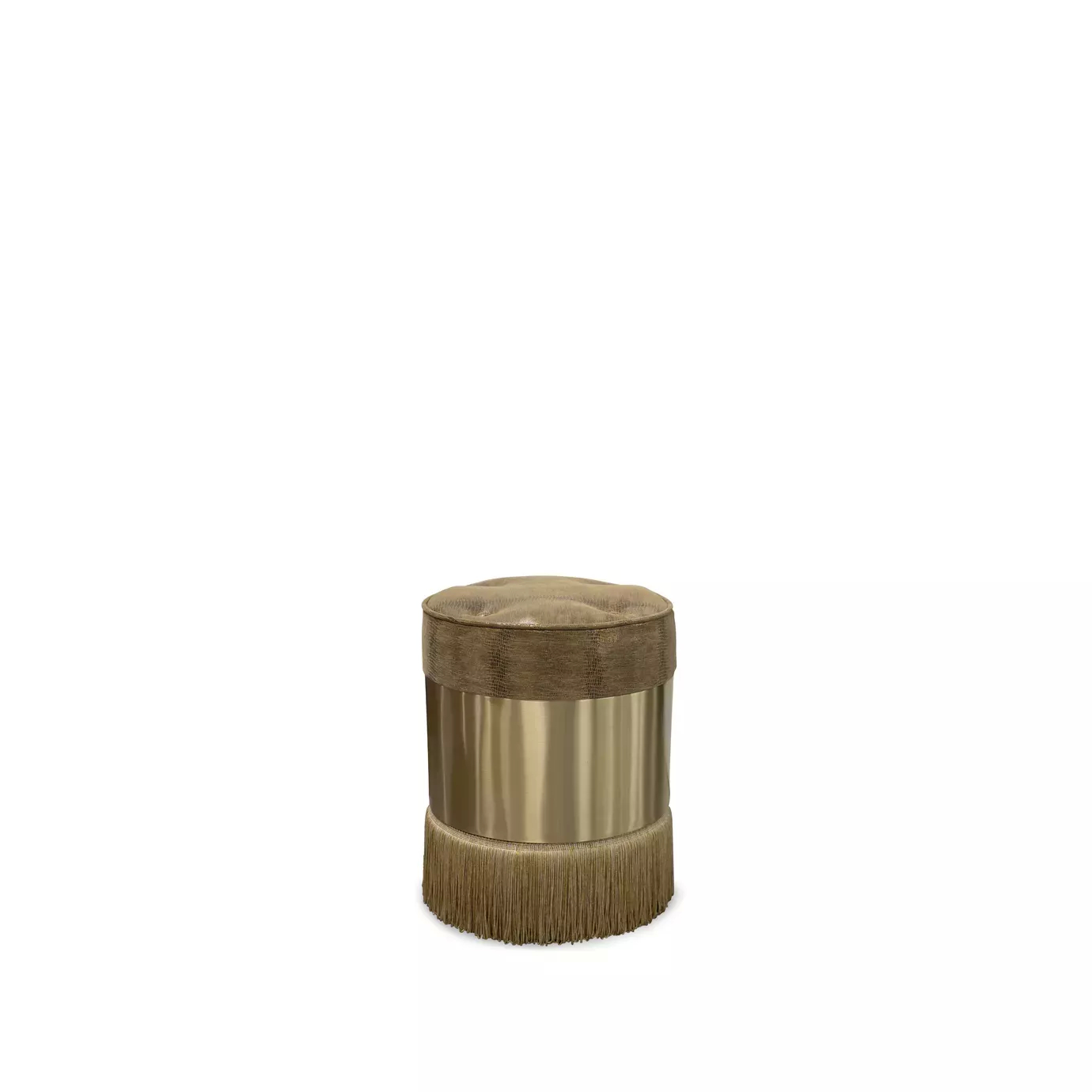Elegant Olivia Stool with round textured leather seat with button-tufted detail and cylindrical base with golden band and fringes.