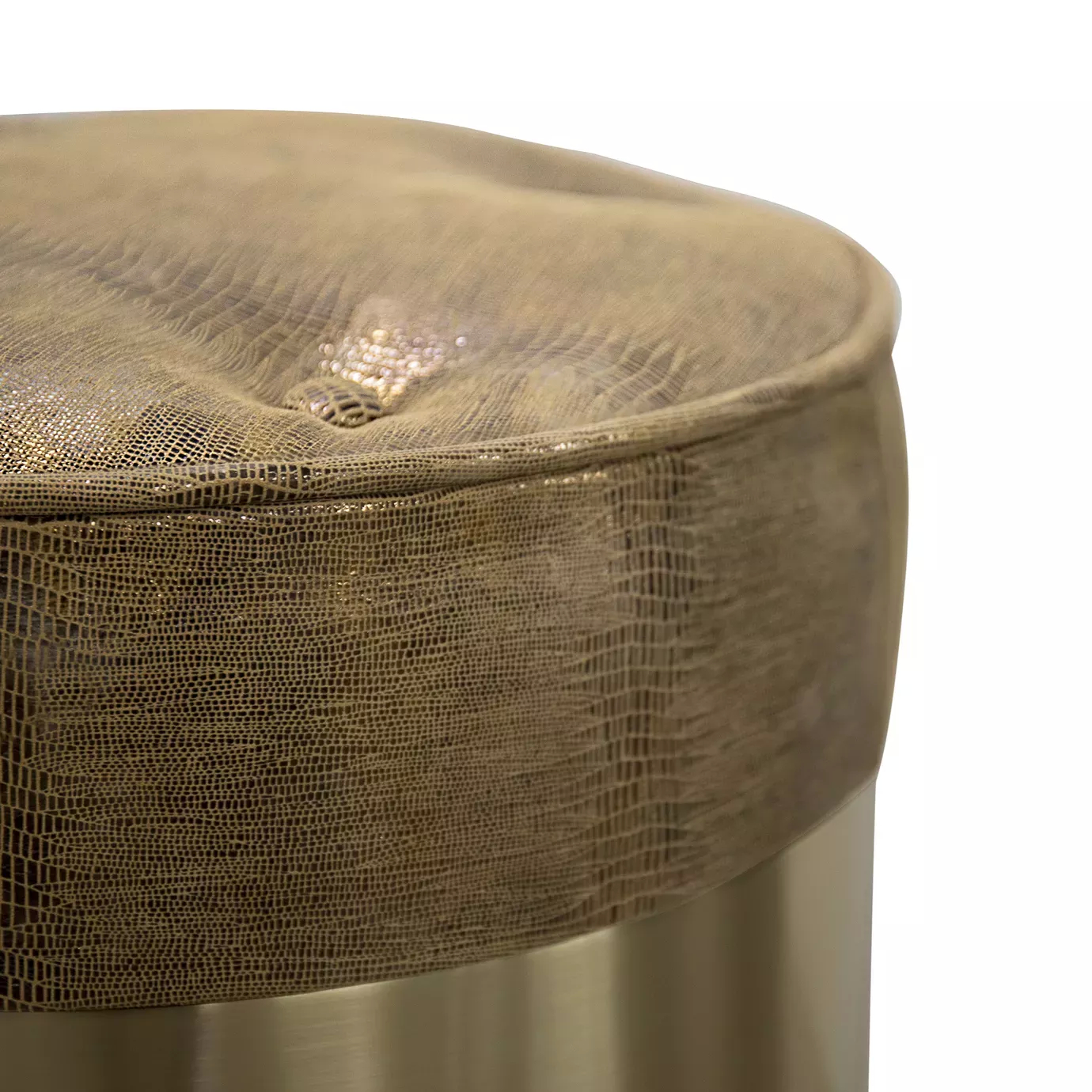 Elegant close-up of the round textured leather seat detail with button-tufting of the Olivia Stool.